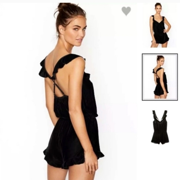 NEW Victoria's Secret Black romper Velvet V-Neck Ruffle playsuit teddy medium - Picture 1 of 6
